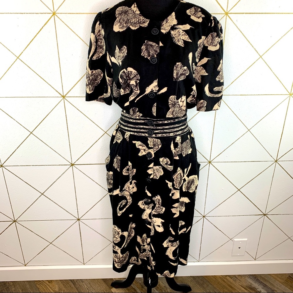 Vintage Button Front Puff Shoulder Smocked Dress